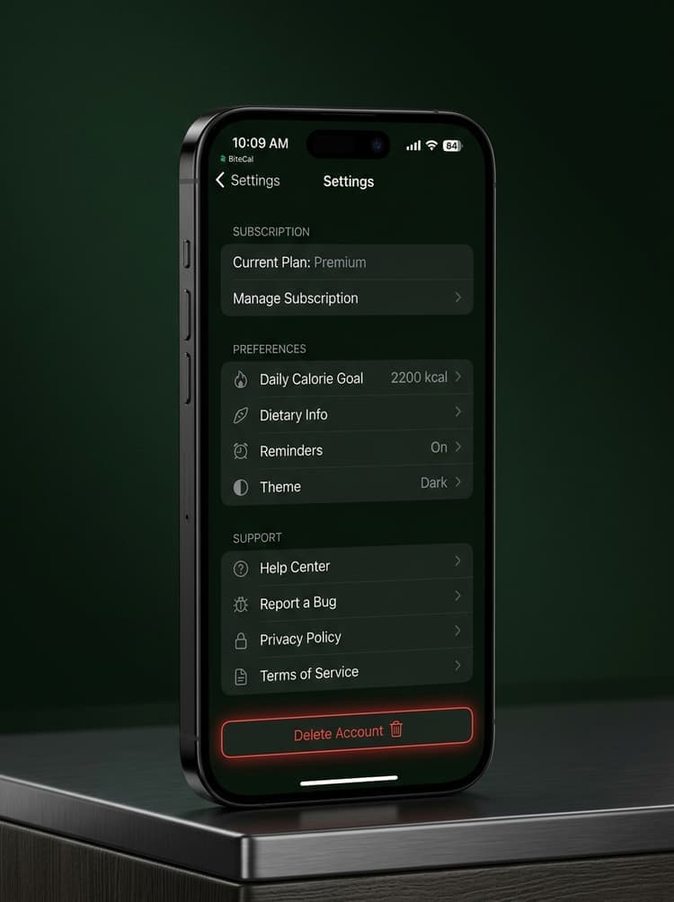 BiteCal AI App Settings Delete Account Mockup